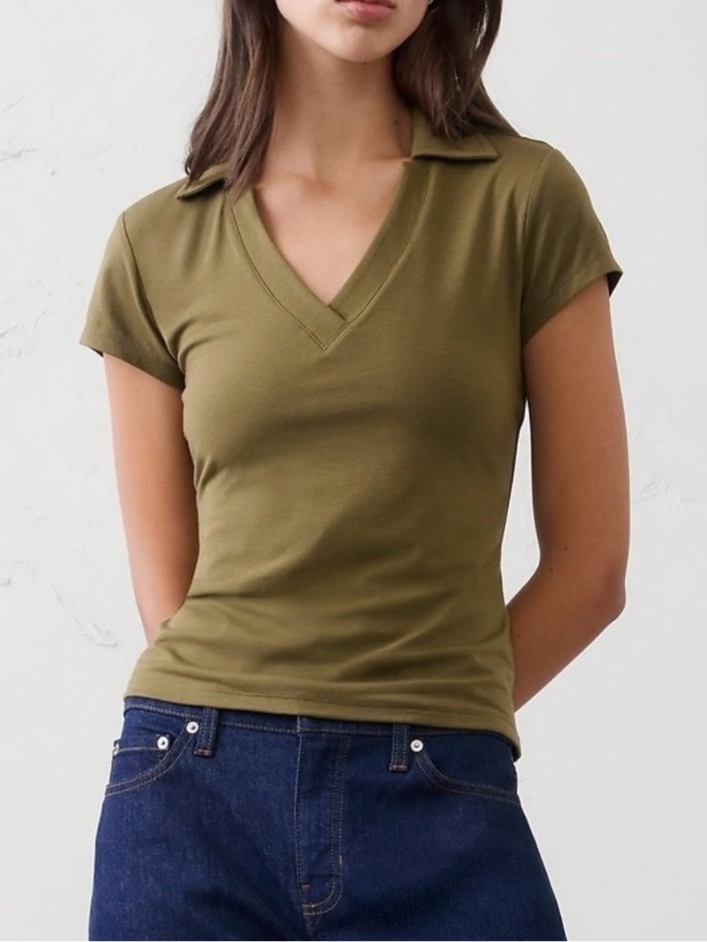 Olive Green V-Neck Collared Women's Short Sleeve Polo Top